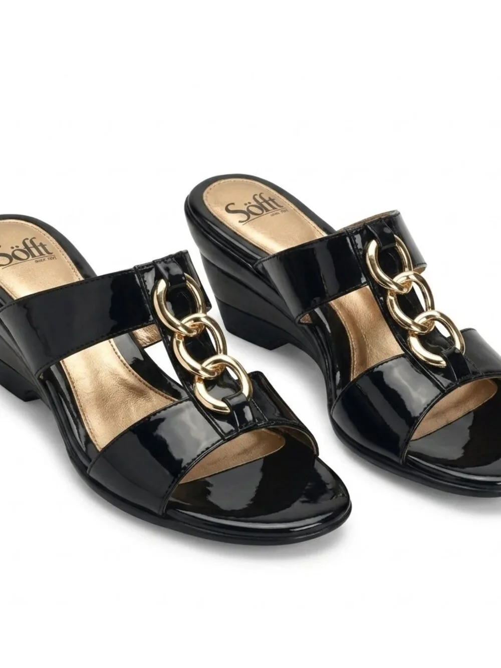 Like New Sofft Black Patent Leather Gold Ring Wedge Slide Sandals Size 8